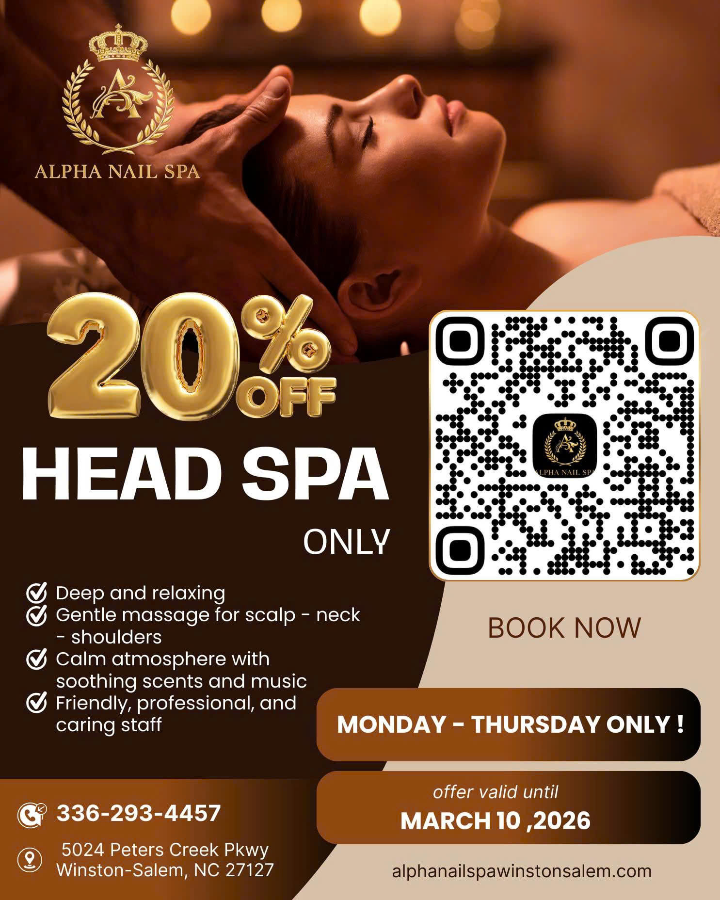 20% Off Head Spa - Monday to Thursday only. Book now at Alpha Nail Spa.